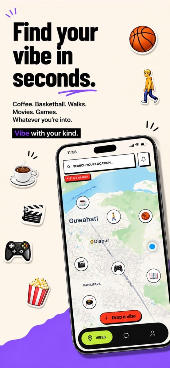 IRL Vibes discovery map with coffee, sports, film, games, and food activities